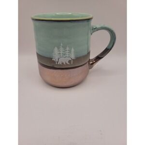 Rustic Stoneware Bear Pine Trees Coffee Mug Teal‎ & Metallic Copper Bottom 18 oz